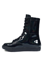 Load image into Gallery viewer, inner side view of Women's black shiny hologram shoe with black cotton laces. Inner side of shoe has slots for cards (credit cards, ID, etc.) Rubber outsole.