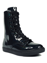 Load image into Gallery viewer, Women's black shiny hologram shoe with black cotton laces. Inner side of shoe has slots for cards (credit cards, ID, etc.) Rubber outsole.