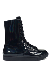 Load image into Gallery viewer, outer view of Women's black shiny hologram shoe with black cotton laces. Inner side of shoe has slots for cards (credit cards, ID, etc.) Rubber outsole.