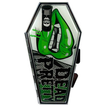 Load image into Gallery viewer, Black and green coffin shaped compact mirror with 2 regular mirrors inside. Design has a picture of a mouth with green lips, vampire teeth and text that reads "DEAD PRETTY."