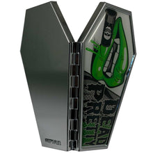 Load image into Gallery viewer, Black and green coffin shaped compact mirror with 2 regular mirrors inside. Design has a picture of a mouth with green lips, vampire teeth and text that reads "DEAD PRETTY."