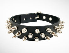 Load image into Gallery viewer, Black leather collar with three rows of silver 1/2" tree spikes.