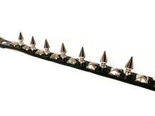 Load image into Gallery viewer, black leather collar with single row of silver spikes and silver pyramid studs