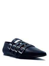 Load image into Gallery viewer, side of Black pointed toe shoe with four straps over the top with silver buckle details. Shoes are 100% vegan with a rubber outsole.