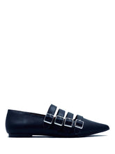 Load image into Gallery viewer, side of Black pointed toe shoe with four straps over the top with silver buckle details. Shoes are 100% vegan with a rubber outsole.