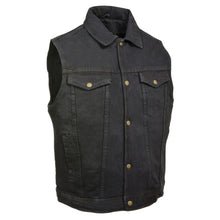 Load image into Gallery viewer, front view of Men's black snap front vest with shirt collar. Vest has two breast pockets and a hand pocket on each side