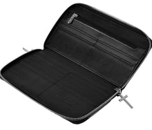 Load image into Gallery viewer, inside view of black vegan leather wallet featuring a multi-compartment for cards. Wallet has silver hardware, zips with cross pulls, studs and D-rings.