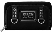 Load image into Gallery viewer, front view of black vegan leather wallet featuring a multi-compartment for cards. Wallet has silver hardware, zips with cross pulls, studs and D-rings.