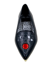 Load image into Gallery viewer, top of Black flats with pointy toe. Top of flats have silver Ouija board planchette print with red center. Inside sole of shoe is a black and white spiderweb-like pentagram print.