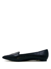 Load image into Gallery viewer, side of Black flats with pointy toe. Top of flats have silver Ouija board planchette print with red center. Inside sole of shoe is a black and white spiderweb-like pentagram print.