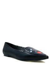 Load image into Gallery viewer, side of Black flats with pointy toe. Top of flats have silver Ouija board planchette print with red center. Inside sole of shoe is a black and white spiderweb-like pentagram print.