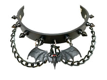 Load image into Gallery viewer, Black leather collar with 1/2" black spikes, black hanging chain, and black bat with red eyes hanging from the front center.