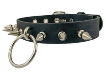 Load image into Gallery viewer, Black leather collar with 1" silver spikes and 2" O ring hanging from the center.