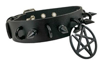 Load image into Gallery viewer, Black leather collar with 1" black spikes, U ring detail, and 2" black inverted pentagram hanging from front center.
