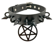 Load image into Gallery viewer, Black leather collar with 1" black spikes, U ring detail, and 2" black inverted pentagram hanging from front center.