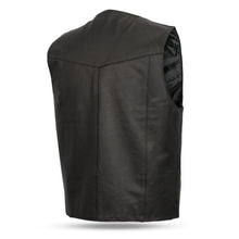 Load image into Gallery viewer, back of Black leather four snap vest, with four button snap closure. Two horizontal pockets, two conceal carry pockets with tapered holsters. Interior pockets one cellphone pocket on left hand side. Mesh lining on inside back panel.