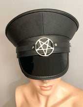 Load image into Gallery viewer, Matte vegan leather top and patent shiny vegan leather bill captain style hat. Hat has inverted silver pentagram on front center.