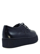 Load image into Gallery viewer, back of Black vegan leather creeper shoes with Jack-O-Lantern cut out face on top of shoe. Shoe has black round laces. Shoes are 100% vegan leather and black rubber outsole.