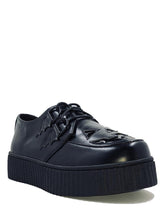 Load image into Gallery viewer, side of Black vegan leather creeper shoes with Jack-O-Lantern cut out face on top of shoe. Shoe has black round laces. Shoes are 100% vegan leather and black rubber outsole.