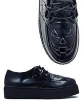 Load image into Gallery viewer, Black vegan leather creeper shoes with Jack-O-Lantern cut out face on top of shoe. Shoe has black round laces. Shoes are 100% vegan leather and black rubber outsole.