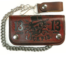 Load image into Gallery viewer, front of Brown antiqued finish wallet with Lucky 13's "Death or Glory" skull with a top hat embossed logo on the front. Wallet comes complete with a chain and leather clasp.