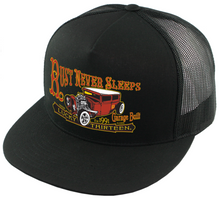 Load image into Gallery viewer, front of Black and orange/rust colored poplin-mesh snapback trucker cap. Hat has a rusty rat rod design called "Rust Never Sleeps" on the front and a "13" embroidered on the back left side. Backside has adjustable snap strap.