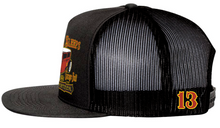 Load image into Gallery viewer, side of Black and orange/rust colored poplin-mesh snapback trucker cap. Hat has a rusty rat rod design called "Rust Never Sleeps" on the front and a "13" embroidered on the back left side. Backside has adjustable snap strap.