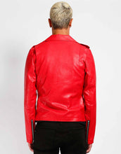 Load image into Gallery viewer, back of Classic motorcycle jacket in soft red vegan leather. Features four pockets, skull snaps, and a belted waist for the perfect fit.