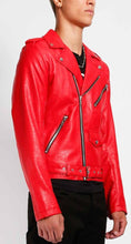 Load image into Gallery viewer, side of Classic motorcycle jacket in soft red vegan leather. Features four pockets, skull snaps, and a belted waist for the perfect fit.