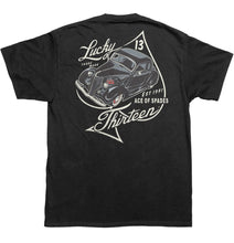 Load image into Gallery viewer, back of Black Lucky 13 t-shirt with a back print of the Lucky 13 "Ace Of Spades" graphic and a front left chest print to match.