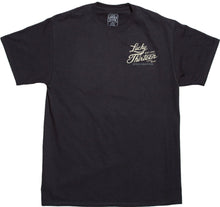 Load image into Gallery viewer, front of Black Lucky 13 t-shirt with a back print of the Lucky 13 "Ace Of Spades" graphic and a front left chest print to match.