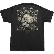 Load image into Gallery viewer, back of Black Lucky 13 t-shirt with a back print of the Lucky 13 "Dead Skull" Dia De Los Muertos logo, and a "Lucky Thirteen" front left chest print.