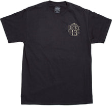 Load image into Gallery viewer, front of Black Lucky 13 t-shirt with a back print of the Lucky 13 "Dead Skull" Dia De Los Muertos logo, and a "Lucky Thirteen" front left chest print.