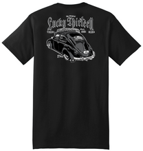 Load image into Gallery viewer, back of Black Lucky 13 amped t-shirt with a full back print of the "'57 Bug" graphic, and a front left chest print.