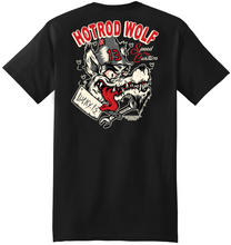 Load image into Gallery viewer, back of Black Lucky 13 amped t-shirt with a full back print of the "Hot Rod" wolf graphic, and a front left chest print.
