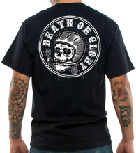 Load image into Gallery viewer, back of Black Lucky 13 t-shirt with a full back screen print of the "Knife Fight" graphic of a helmet-wearing skull with a knife in his mouth and Death Or Glory wrapped around the top. The front left chest has LUCKY 13 on it.