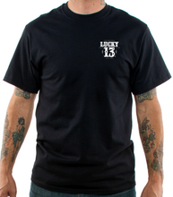 Load image into Gallery viewer, front of Black Lucky 13 t-shirt with a full back screen print of the "Knife Fight" graphic of a helmet-wearing skull with a knife in his mouth and Death Or Glory wrapped around the top. The front left chest has LUCKY 13 on it.