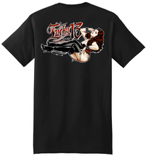 Load image into Gallery viewer, back of Black Lucky 13 t-shirt with a full back screen print of the "Miss La Roux" graphic and a front left chest print to match.