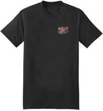 Load image into Gallery viewer, front of Black Lucky 13 t-shirt with a full back screen print of the "Miss La Roux" graphic and a front left chest print to match.