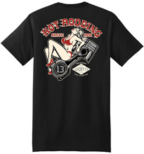Load image into Gallery viewer, back of Black Lucky 13 t-shirt with a full back screen print of the "Piston Pin-Up" girl graphic and a front left chest print to match.