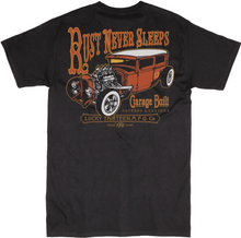 Load image into Gallery viewer, back of Black Lucky 13 t-shirt with a full back print of the "Rust Never Sleeps" rat rod design and a front left chest "Garage Built - Lucky Thirteen" pocket logo to match.