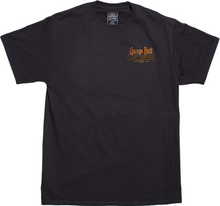 Load image into Gallery viewer, front of Black Lucky 13 t-shirt with a full back print of the "Rust Never Sleeps" rat rod design and a front left chest "Garage Built - Lucky Thirteen" pocket logo to match.