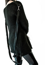 Load image into Gallery viewer, back side view of unisex Black semi sheer knit fabric with stretch fit. Sweater has removable back straps with D-ring details.