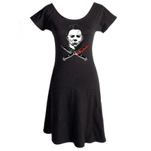 Load image into Gallery viewer, front of Halloween 2 licensed design Michael Myers knives based on the 1981 Halloween 2 Universal Studios movie Halloween 2. Black form-fitting upper torso with a flowy bottom.