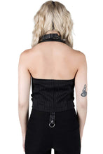 Load image into Gallery viewer, back view of black pinstripe vest with provocative low neckline, halter neck, zip front detail with cross pull and buckle details.