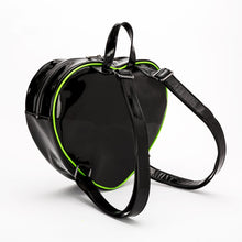 Load image into Gallery viewer, back of Black heart-shaped mini backpack with Bride and Frankenstein's monster graphic on front. Cobweb lining with one inside Velcro pouch.