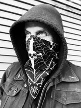 Load image into Gallery viewer, Black and white classic Lip Service logo bandana. Bandana has spider webs, barbwire, cross bones and daggers.