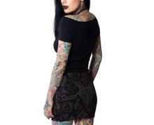 Load image into Gallery viewer, goathead devil design printed on skirt with repeated devil and pentagram designs