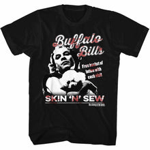 Load image into Gallery viewer, black silence of the lambs movie shirt with buffalo bill (ted levine) graphic with text that reads "buffalo bill's free basket of lotion with each visit. skin 'n' sew"