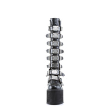 Load image into Gallery viewer, front view of black vegan leather 5 1/2" wedge platform Goth punk gogo knee high boot Adjustable straps from top to bottom of boot, with metal plates up the front with full back zipper